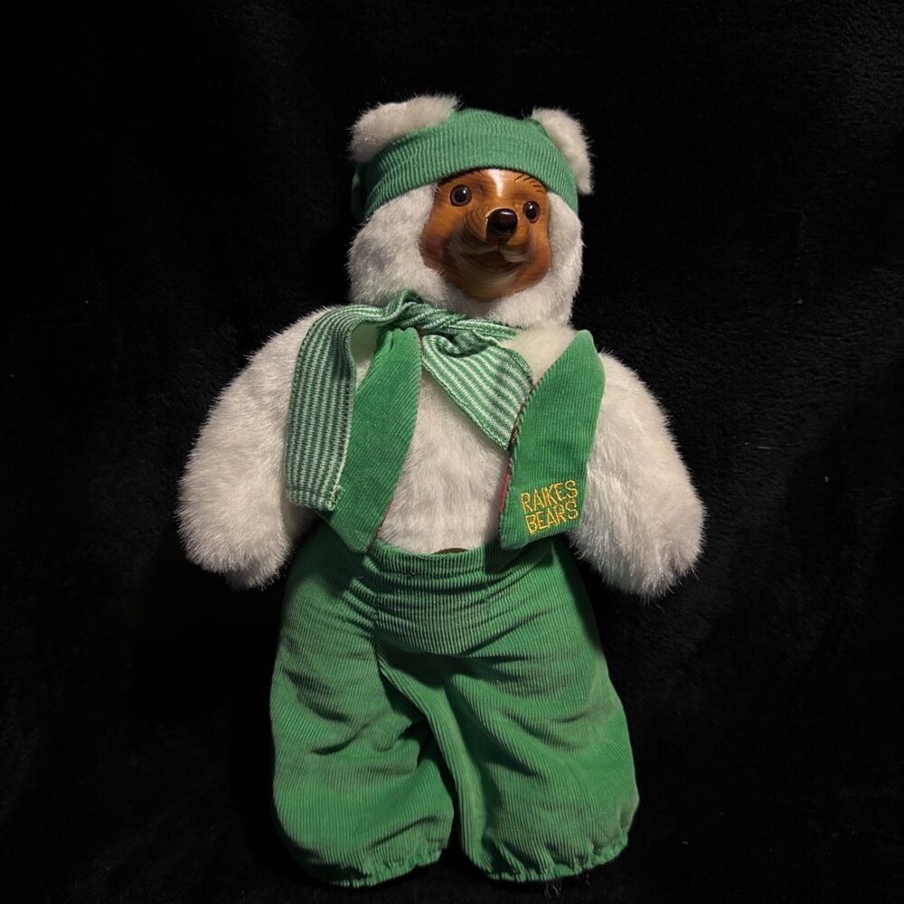 Raikes Santas Elf Bear Green Clothes Carved Wooden Face Plush Stuffed 12" 1989